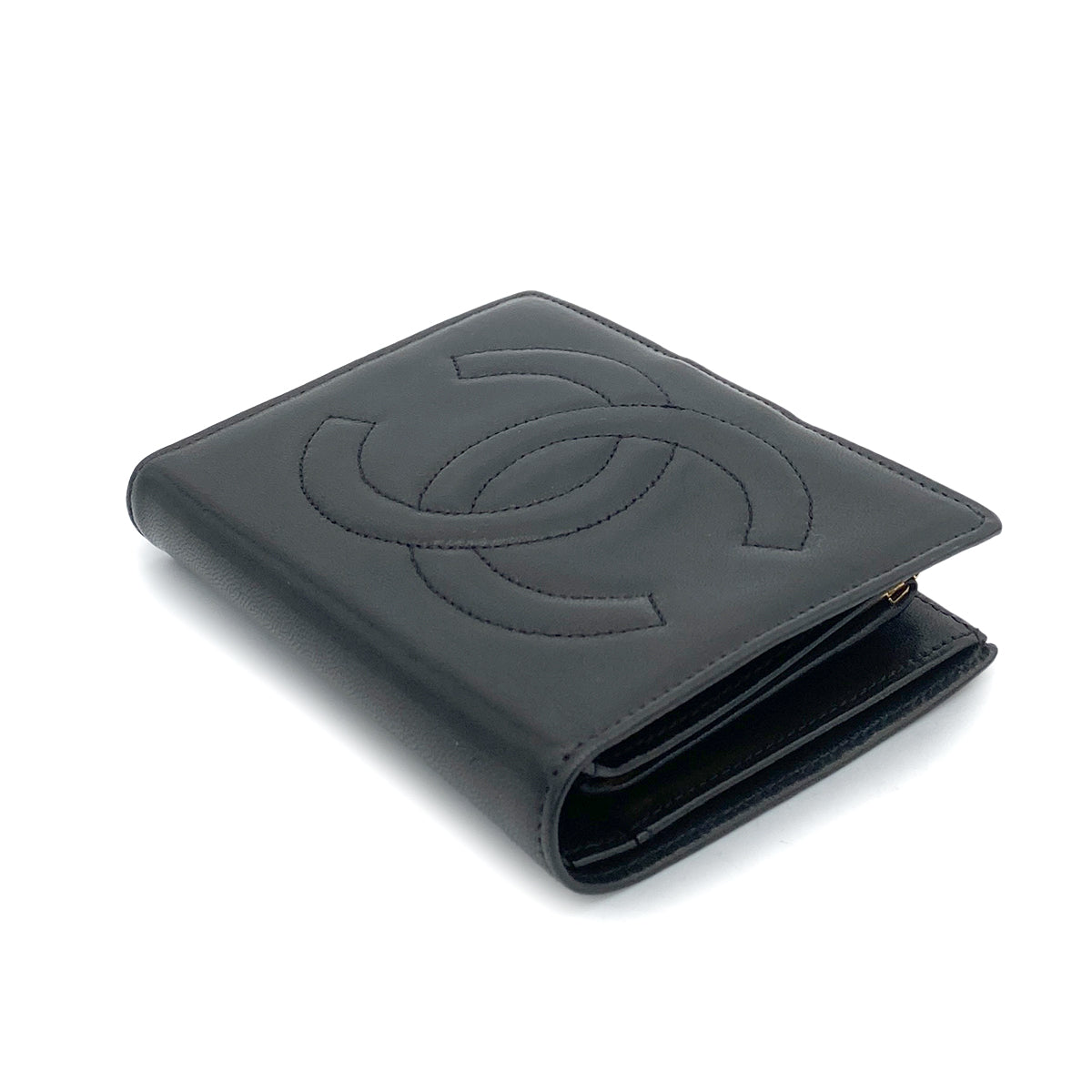 CHANEL VINTAGE BIFOLD COMPACT WALLET BLACK LAMB SKIN 90261357