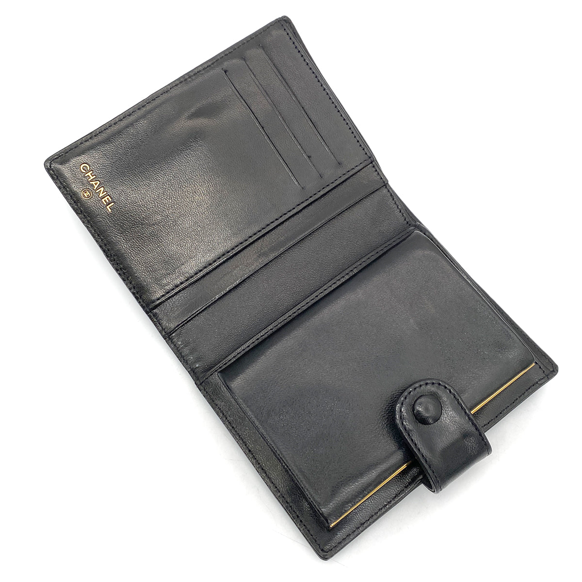 CHANEL VINTAGE BIFOLD COMPACT WALLET BLACK LAMB SKIN 90261357
