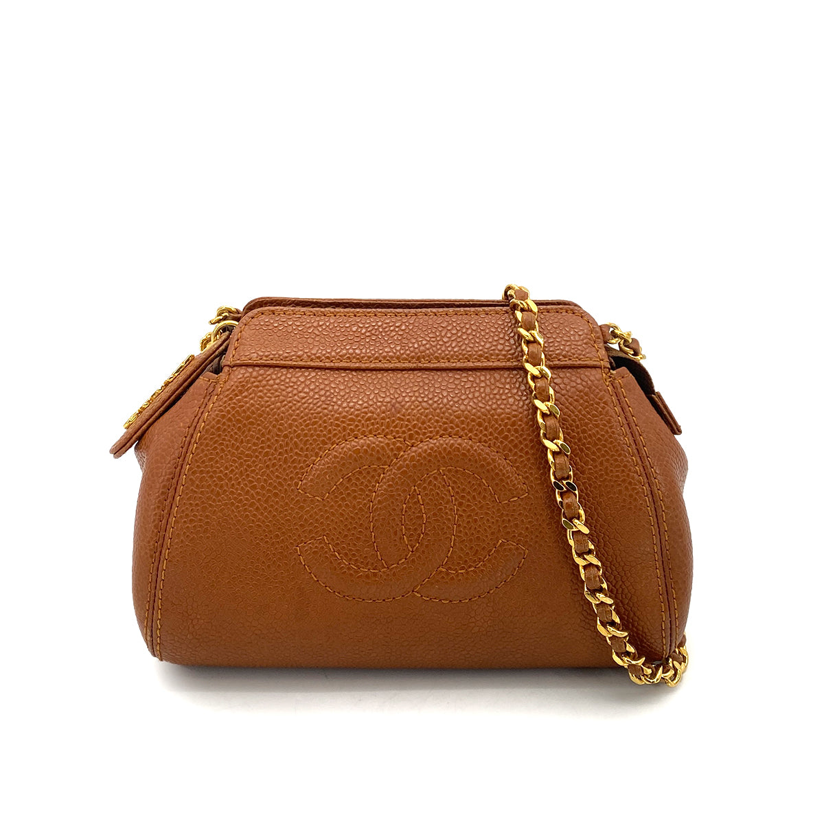 CHANEL VINTAGE MINI POUCH CHAIN SHOULDER BAG CAMEL CAVIAR SKIN 90261527