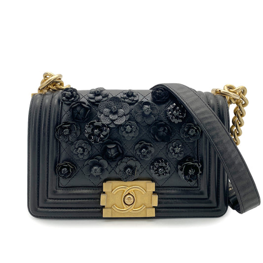 CHANEL BOY CHANEL CHAIN SHOULDER BAG CAMELLIA BLACK LAMB SKIN 90261540