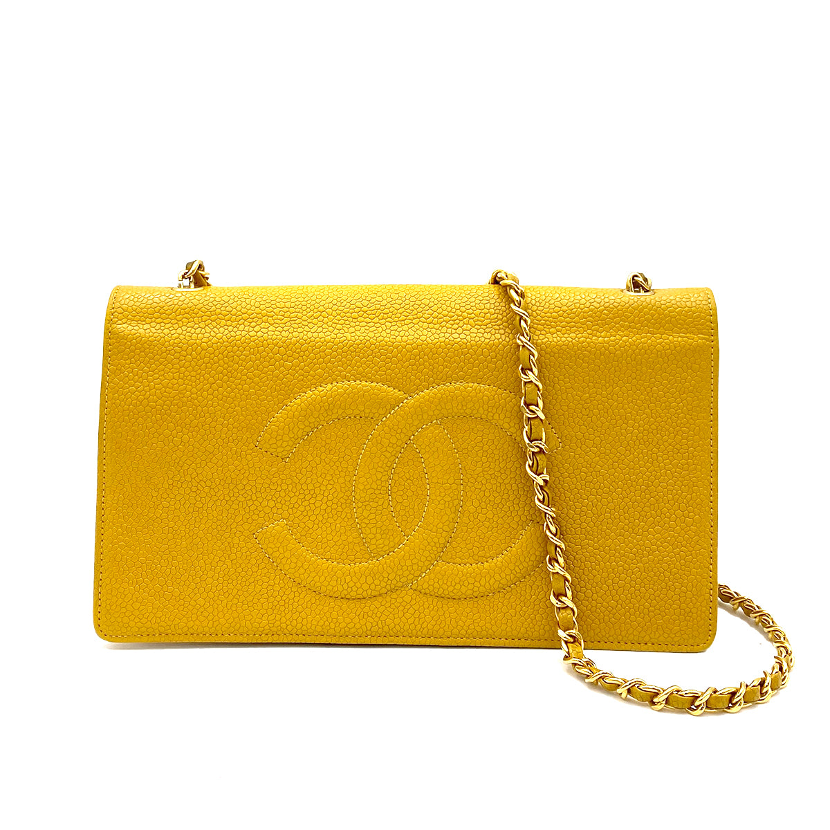 CHANEL VINTAGE CHAIN SHOULDER WALLET YELLOW CAVIAR SKIN 90261546