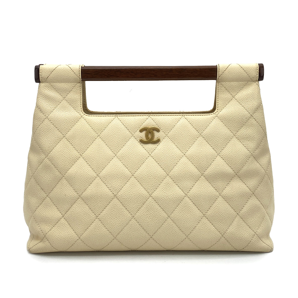 CHANEL VINTAGE MATELASSE WOOD HANDLE BAG BEIGE CAVIAR SKIN 90261564