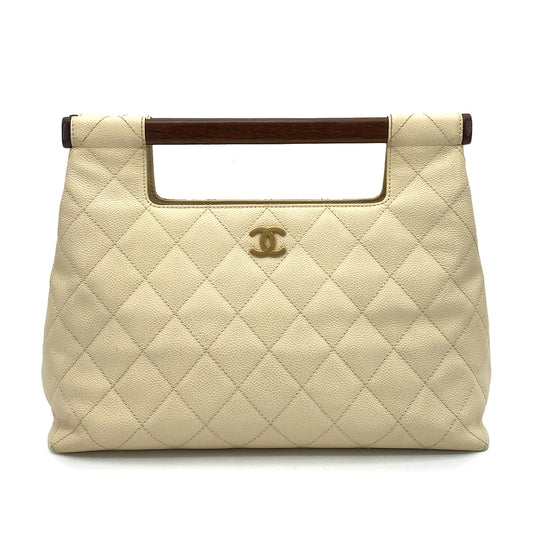 CHANEL VINTAGE MATELASSE WOOD HANDLE BAG BEIGE CAVIAR SKIN 90261564
