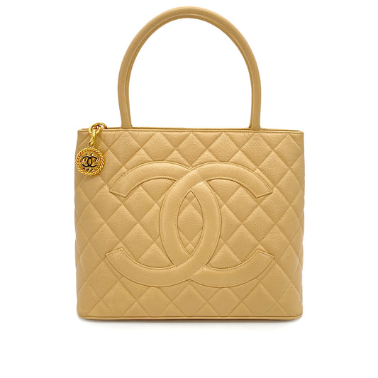 CHANEL VINTAGE MEDALLION TOTE BAG BEIGE CAVIAR SKIN 90261572