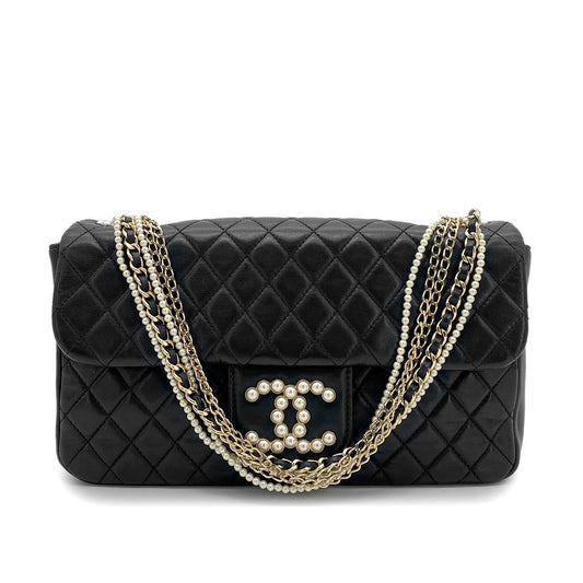 CHANEL WESTMINSTER CHAIN SHOULDER BAG FAUX PEARL BLACK LAMB SKIN 90261575