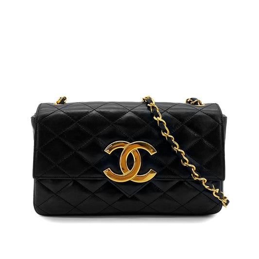 CHANEL VINTAGE MATELASSE BIG COCO CHAIN SHOULDER BAG BLACK LAMB SKIN 90261601