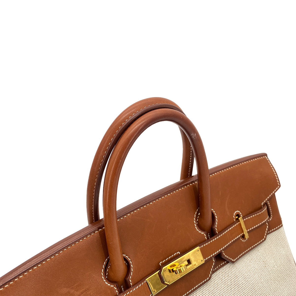 HERMES HAUT A COURROIES 32 FAUVE BARENIA TOILE H HAND BAG □F GHW 90261645