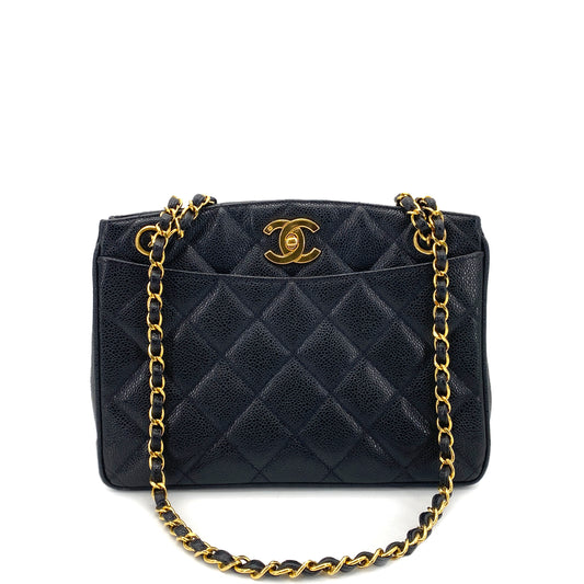 CHANEL VINTAGE MATELASSE CHAIN TOTE BAG BLACK CAVIAR SKIN 90261649