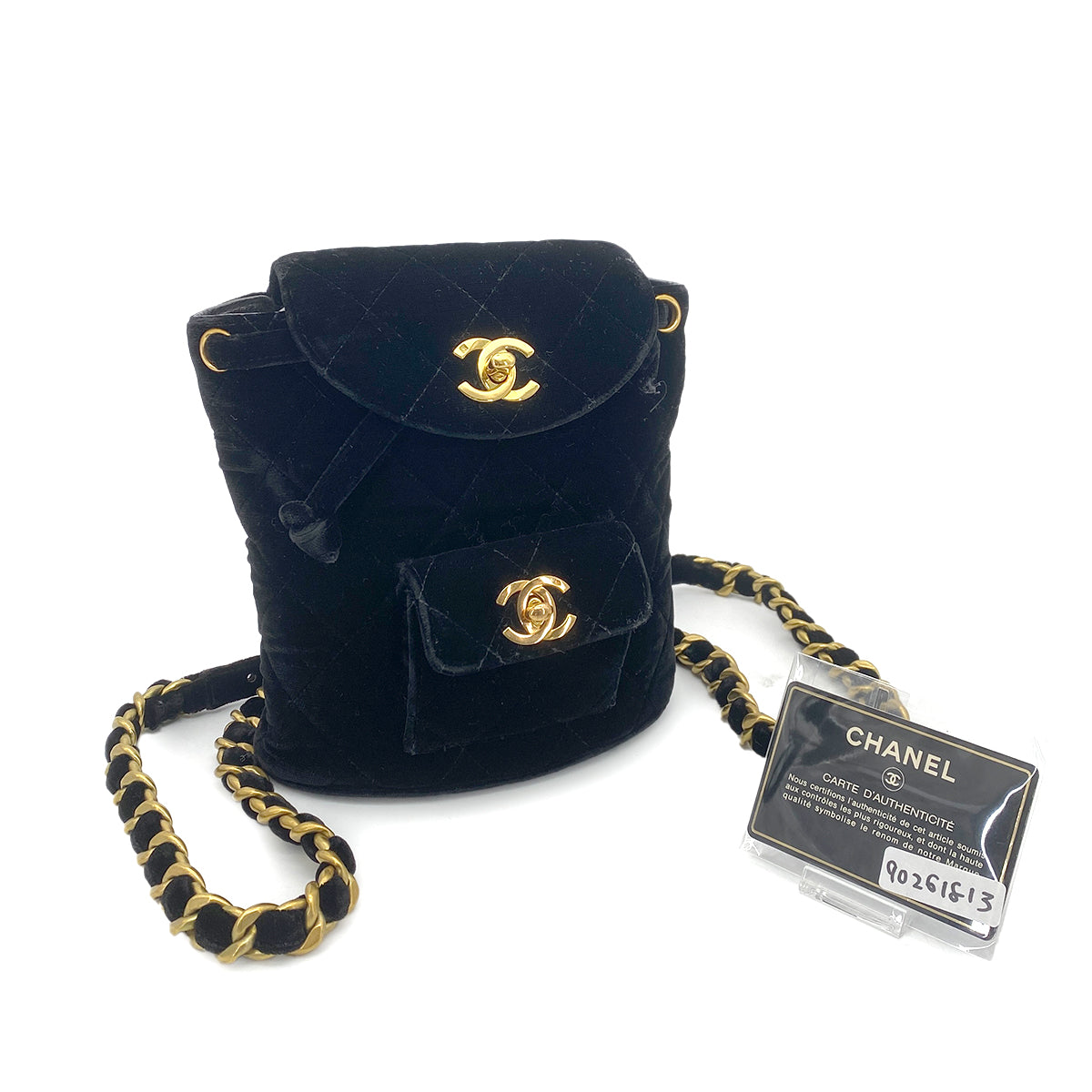 CHANEL VINTAGE DUMA CHAIN BACKPACK BLACK VELOR 90261813