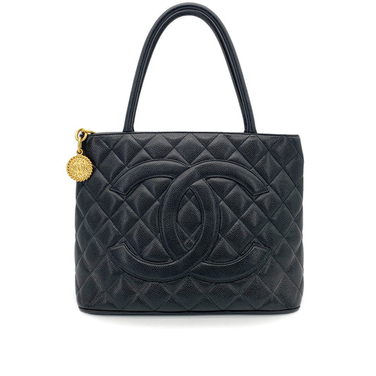CHANEL VINTAGE MEDALLION TOTE BAG BLACK CAVIAR SKIN 90261821