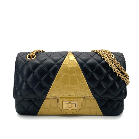 CHANEL 2.55 MEDIUM CHAIN SHOULDER BAG GOLD BLACK LAMB SKIN 90261822