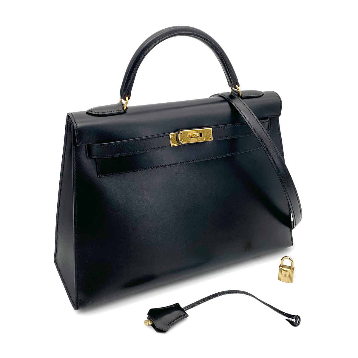 HERMES KELLY 32 SELLIER BLACK BOX CALF HAND SHOULDER BAG □A GHW 90262049