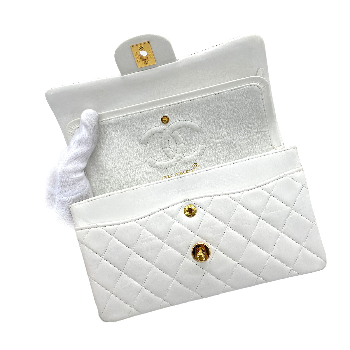 CHANEL VINTAGE CLASSIC FLAP SMALL WHITE LAMB SKIN GHW 90262336
