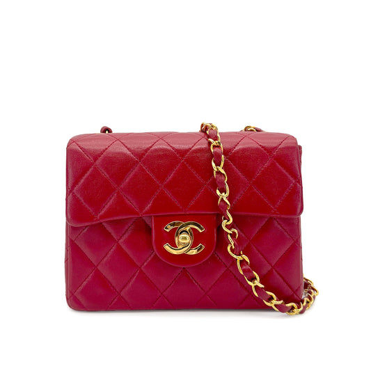 CHANEL VINTAGE MINI SQUARE 17 CHAIN SHOULDER BAG RED LAMB SKIN 90262337