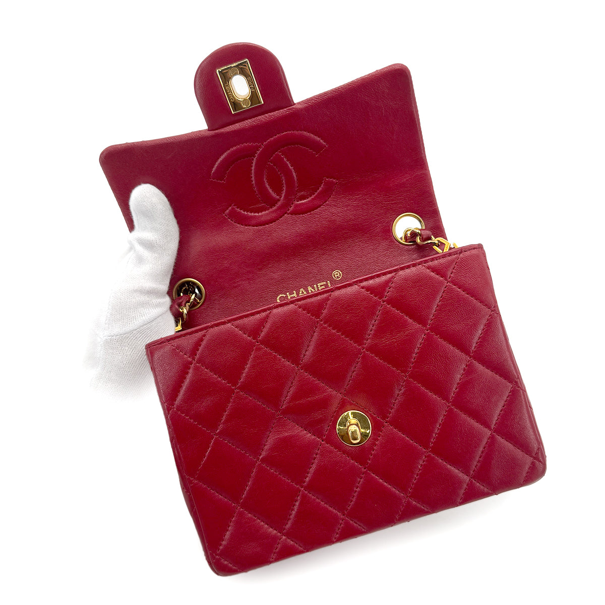 CHANEL VINTAGE MINI SQUARE 17 CHAIN SHOULDER BAG RED LAMB SKIN 90262337