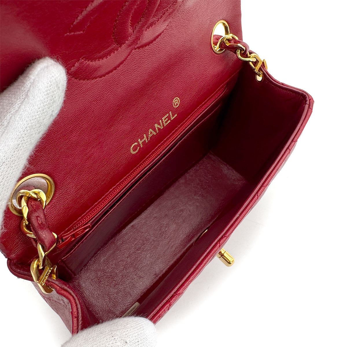 CHANEL VINTAGE MINI SQUARE 17 CHAIN SHOULDER BAG RED LAMB SKIN 90262337