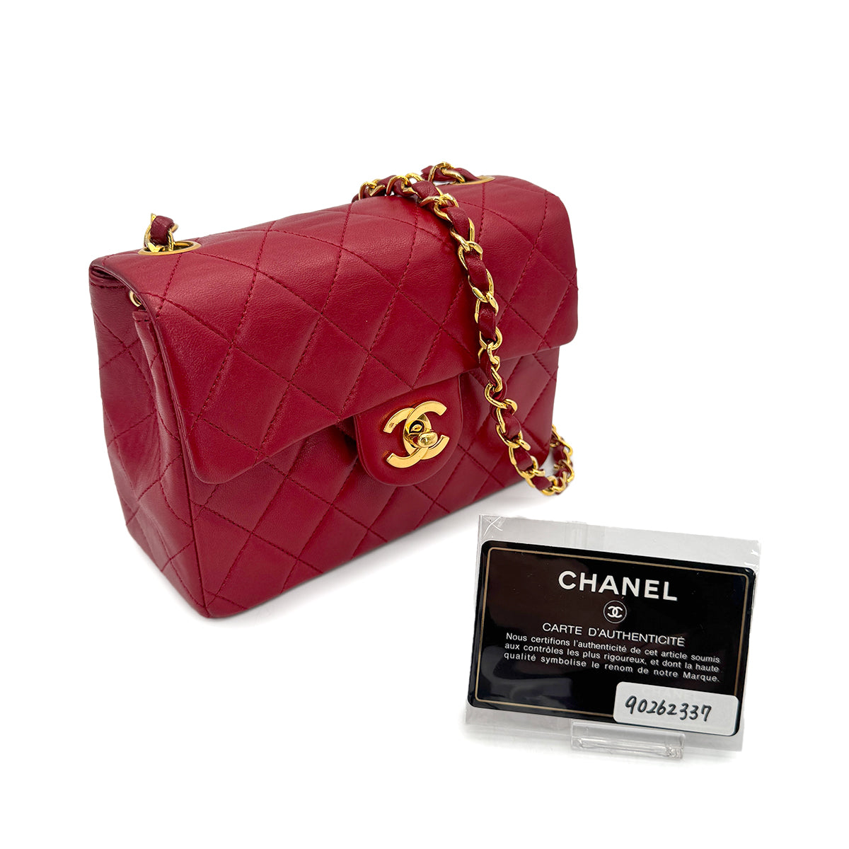CHANEL VINTAGE MINI SQUARE 17 CHAIN SHOULDER BAG RED LAMB SKIN 90262337