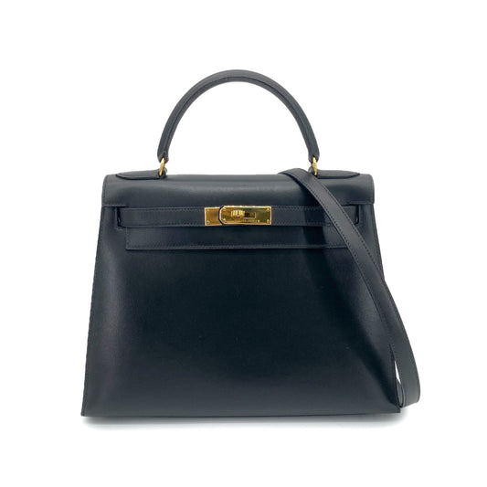 HERMES KELLY 28 SELLIER BLACK BOXCALF HAND SHOULDER BAG 〇Z GHW 90262338