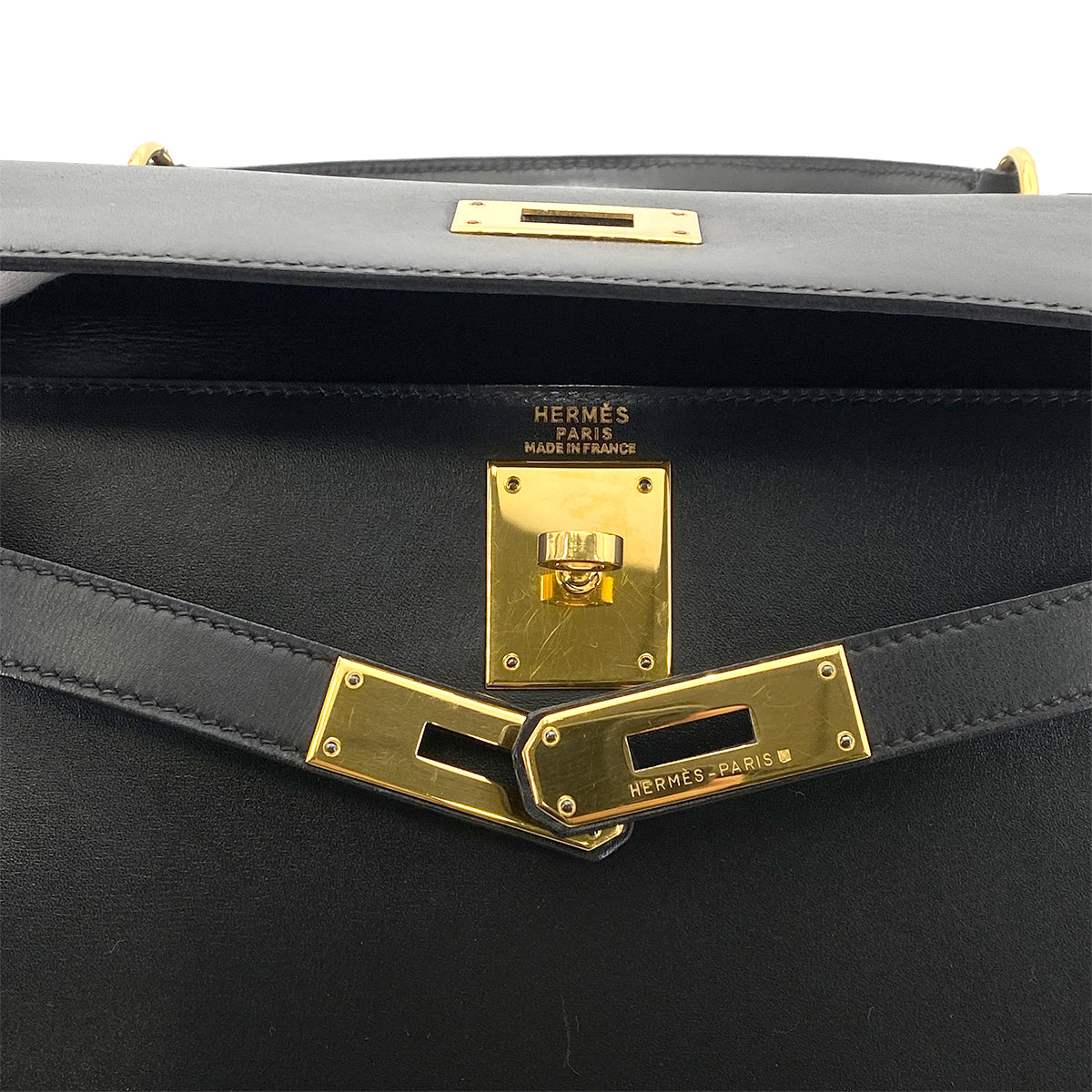 HERMES KELLY 28 SELLIER BLACK BOXCALF HAND SHOULDER BAG 〇Z GHW 90262338
