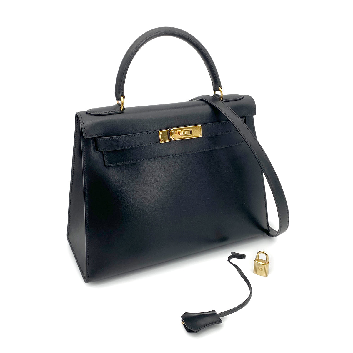 HERMES KELLY 28 SELLIER BLACK BOXCALF HAND SHOULDER BAG 〇Z GHW 90262338
