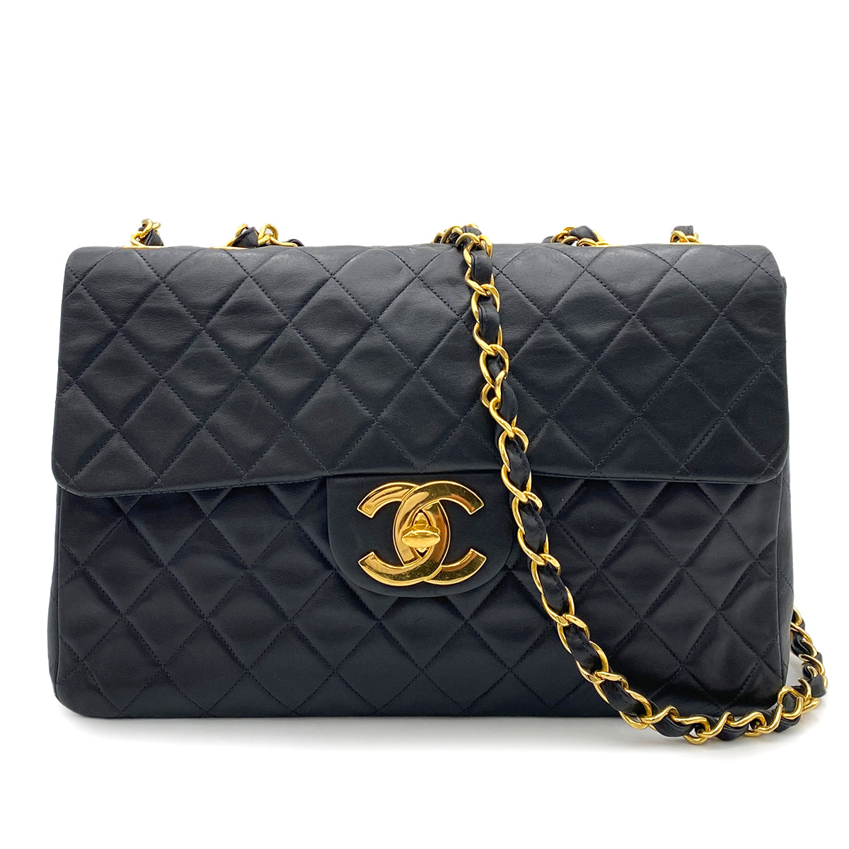 CHANEL VINTAGE MAXI MATELASSE 34 CHAIN SHOULDER BAG BLACK LAMB SKIN 90262343