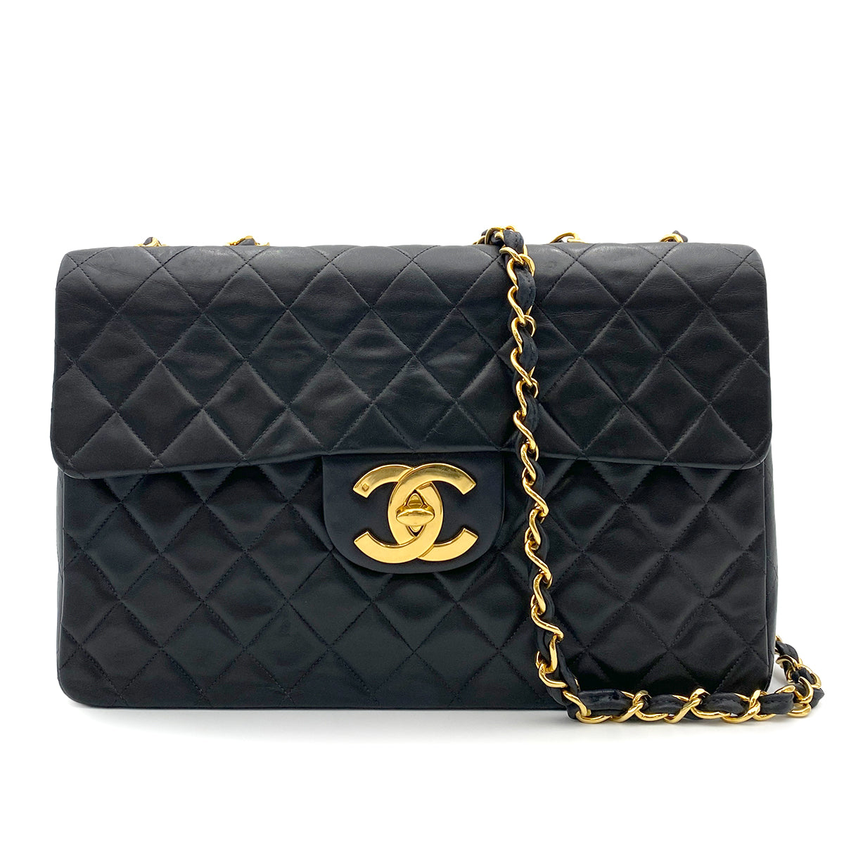 CHANEL VINTAGE MAXI MATELASSE 34 CHAIN SHOULDER BAG BLACK LAMB SKIN 90262346