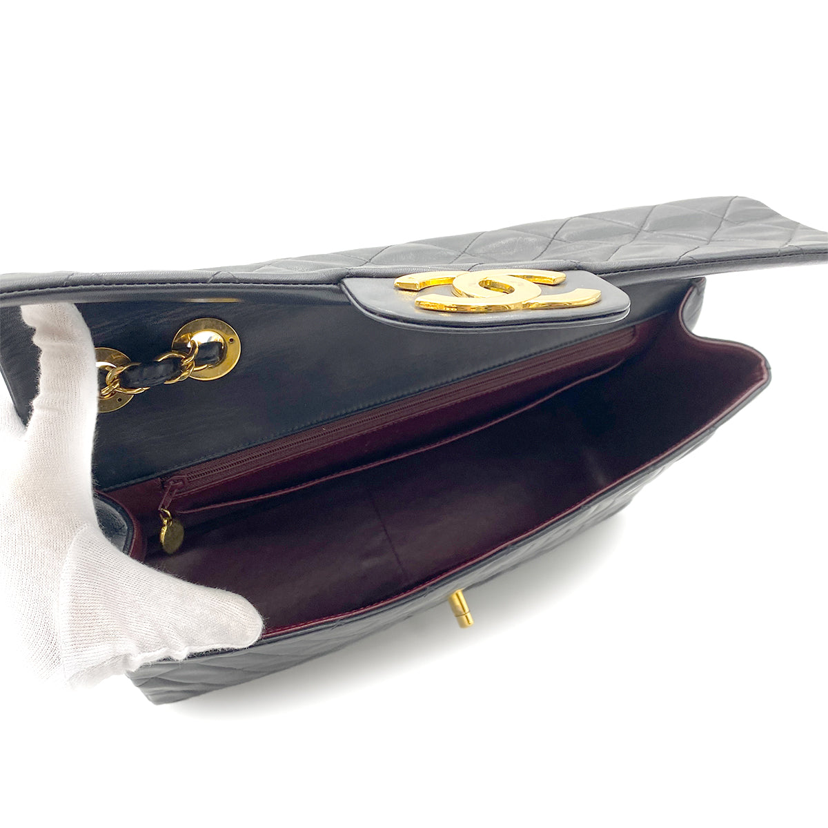 CHANEL VINTAGE MAXI MATELASSE 34 CHAIN SHOULDER BAG BLACK LAMB SKIN 90262346