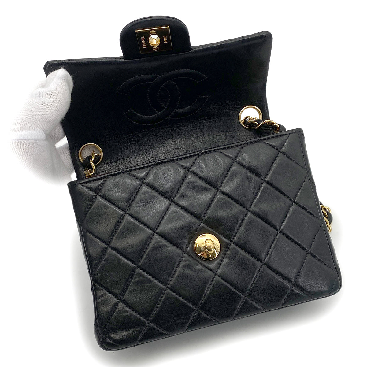 CHANEL VINTAGE MINI SQUARE 17 CHAIN SHOULDER BAG BLACK LAMB SKIN 90262354