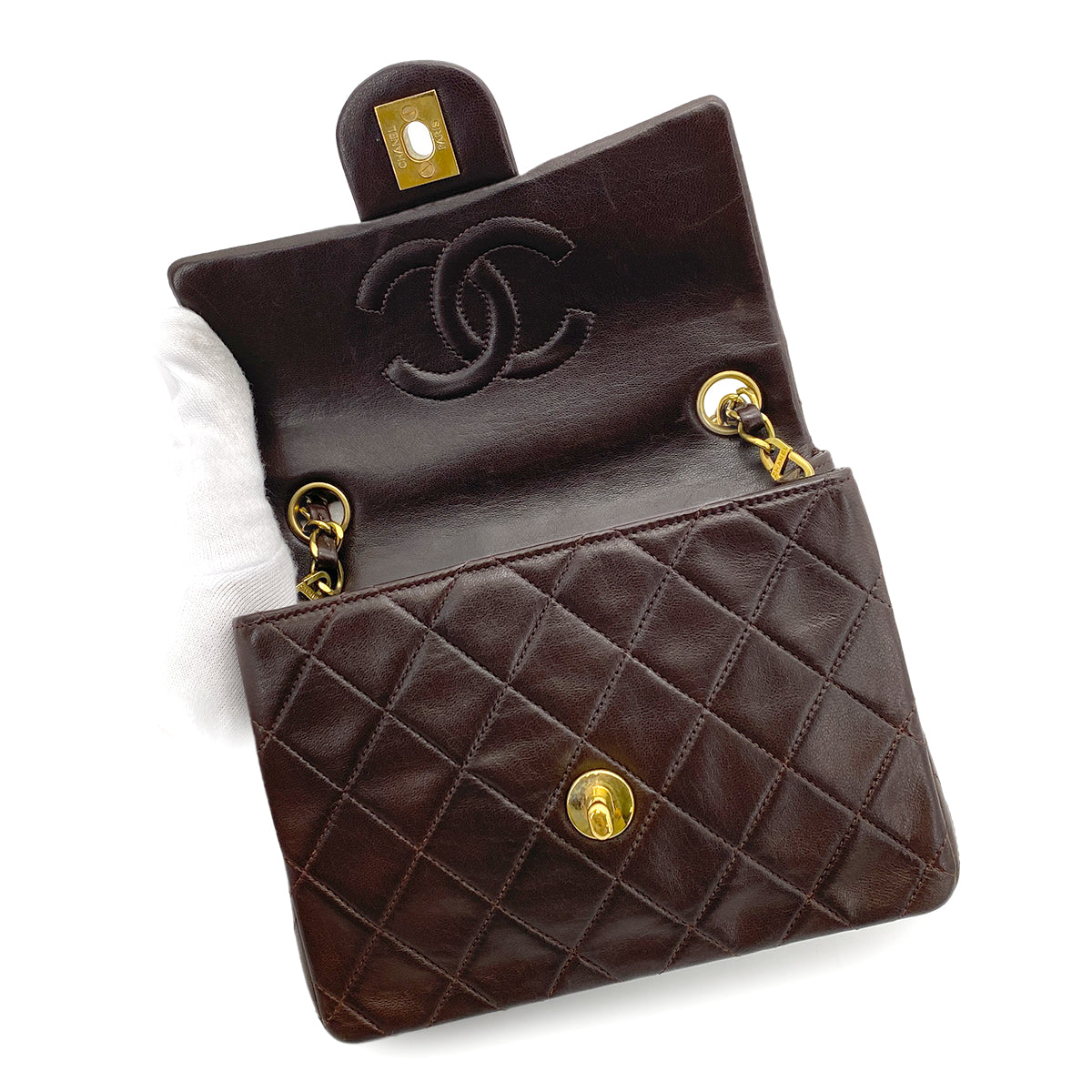 CHANEL VINTAGE MINI SQUARE 17 CHAIN SHOULDER BAG BROWN LAMB SKIN 90262355