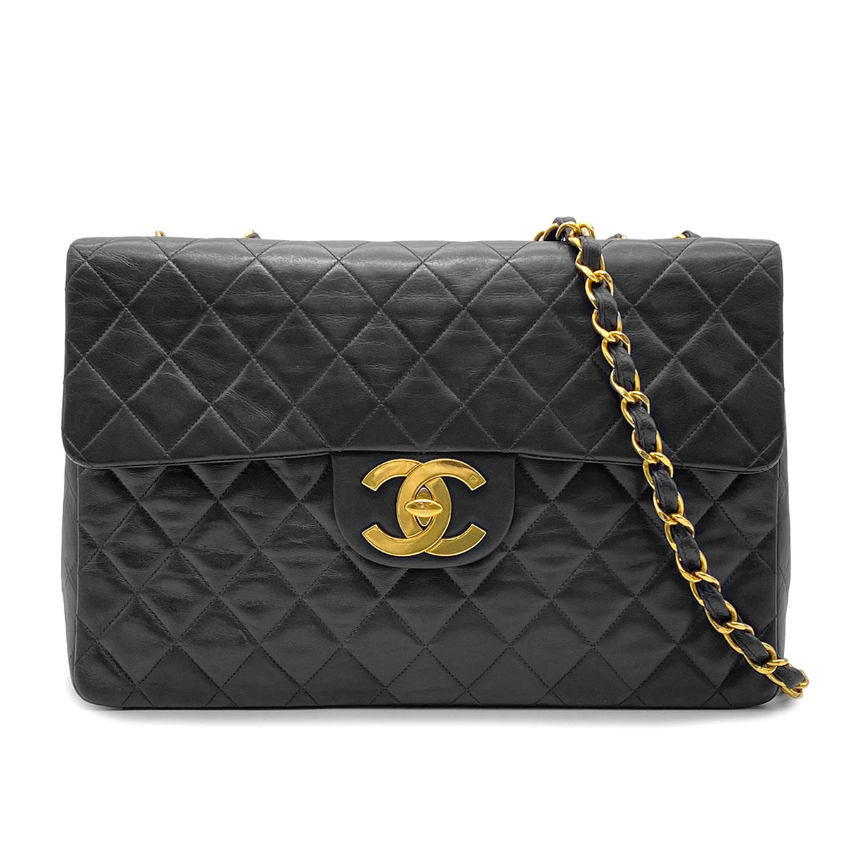 CHANEL VINTAGE MAXI MATELASSE 34 CHAIN SHOULDER BAG BLACK LAMB SKIN 90262356