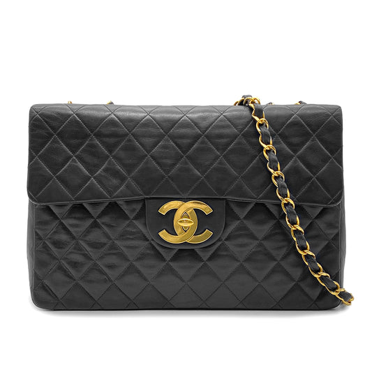 CHANEL VINTAGE MAXI MATELASSE 34 CHAIN SHOULDER BAG BLACK LAMB SKIN 90262356