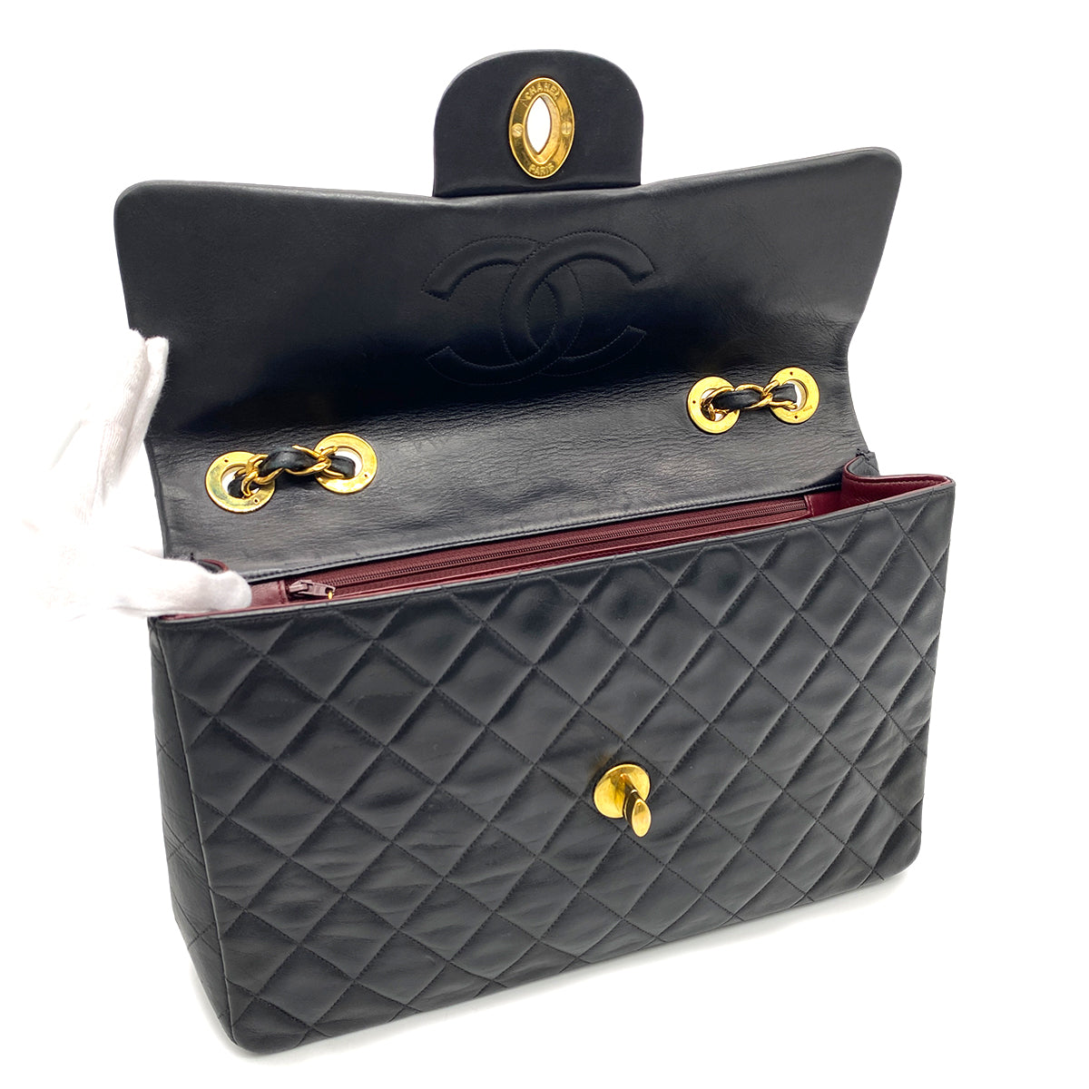 CHANEL VINTAGE MAXI MATELASSE 34 CHAIN SHOULDER BAG BLACK LAMB SKIN 90262356