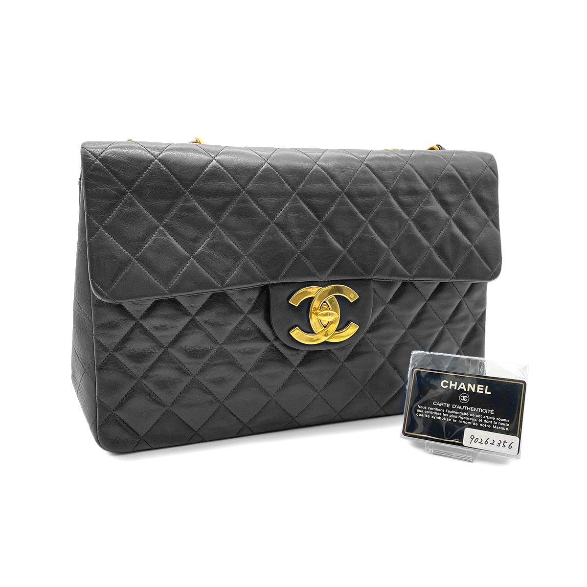 CHANEL VINTAGE MAXI MATELASSE 34 CHAIN SHOULDER BAG BLACK LAMB SKIN 90262356