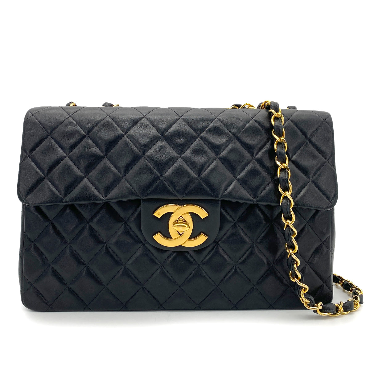 CHANEL VINTAGE MAXI MATELASSE 34 CHAIN SHOULDER BAG BLACK LAMB SKIN 90262363