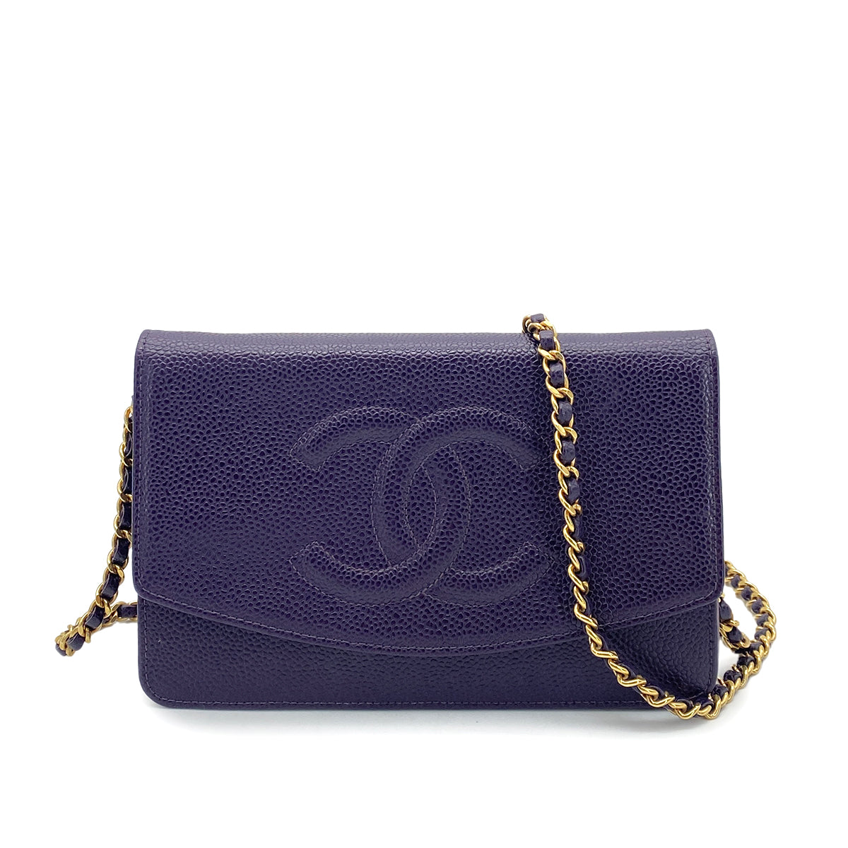 CHANEL VINTAGE CHAIN SHOULDER WALLET PURPLE CAVIAR SKIN 90262373