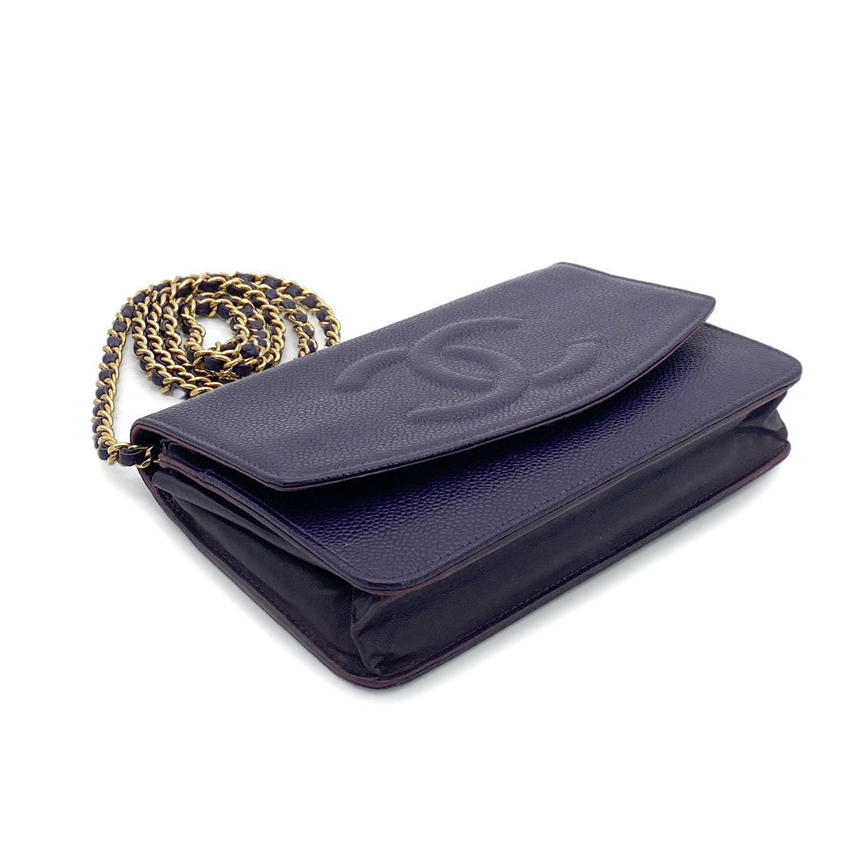 CHANEL VINTAGE CHAIN SHOULDER WALLET PURPLE CAVIAR SKIN 90262373
