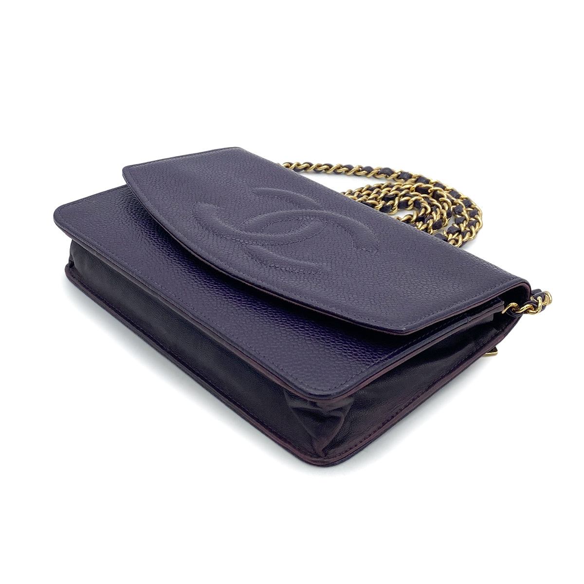 CHANEL VINTAGE CHAIN SHOULDER WALLET PURPLE CAVIAR SKIN 90262373