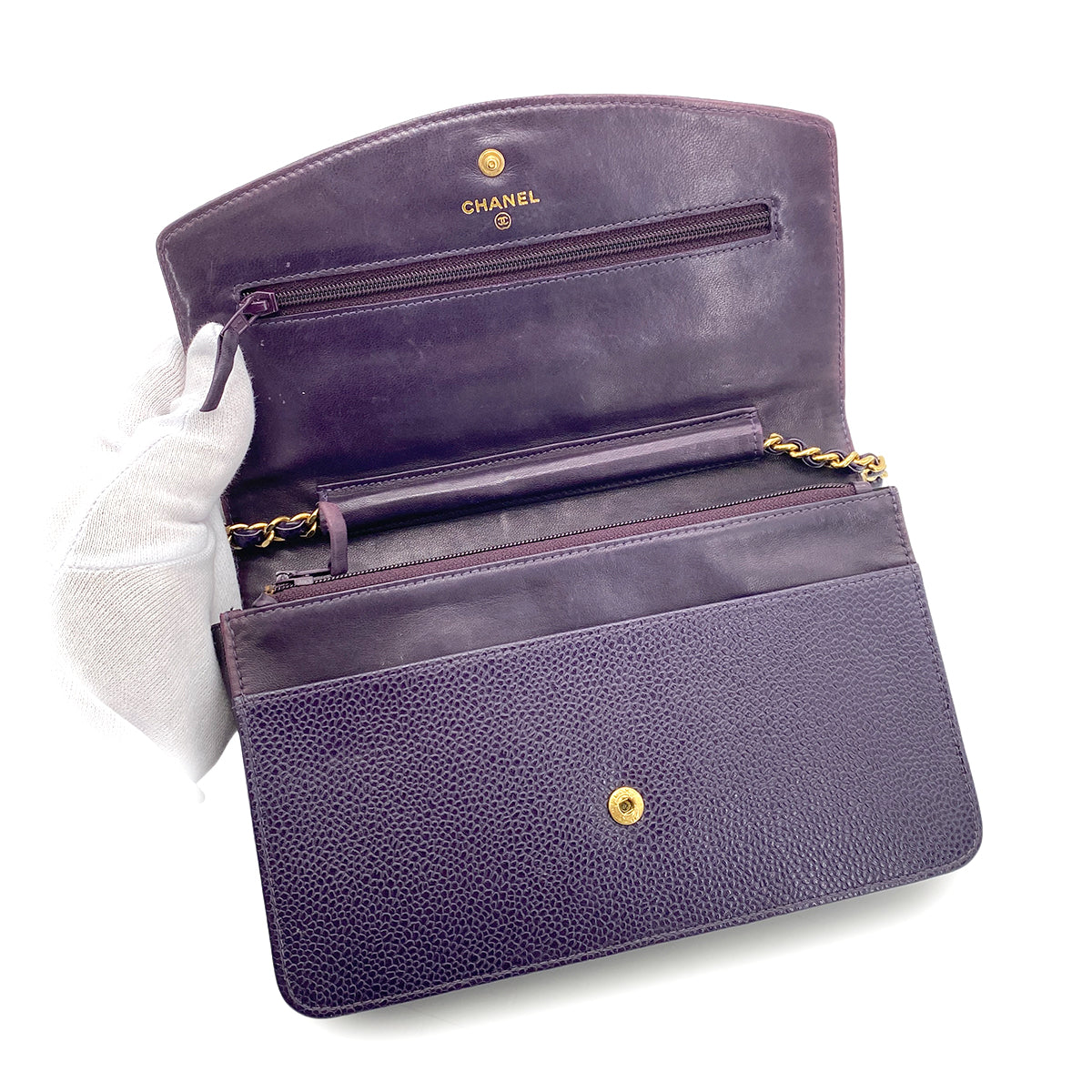 CHANEL VINTAGE CHAIN SHOULDER WALLET PURPLE CAVIAR SKIN 90262373