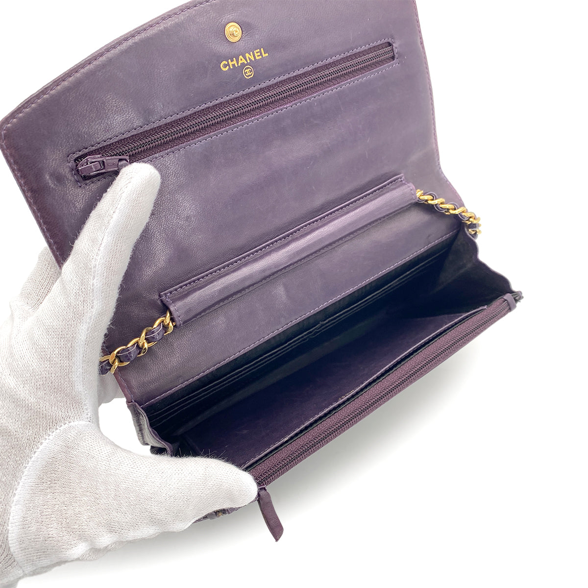 CHANEL VINTAGE CHAIN SHOULDER WALLET PURPLE CAVIAR SKIN 90262373