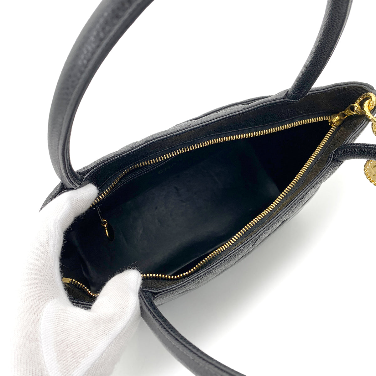 CHANEL VINTAGE MEDALLION TOTE BAG BLACK CAVIAR SKIN 90262374