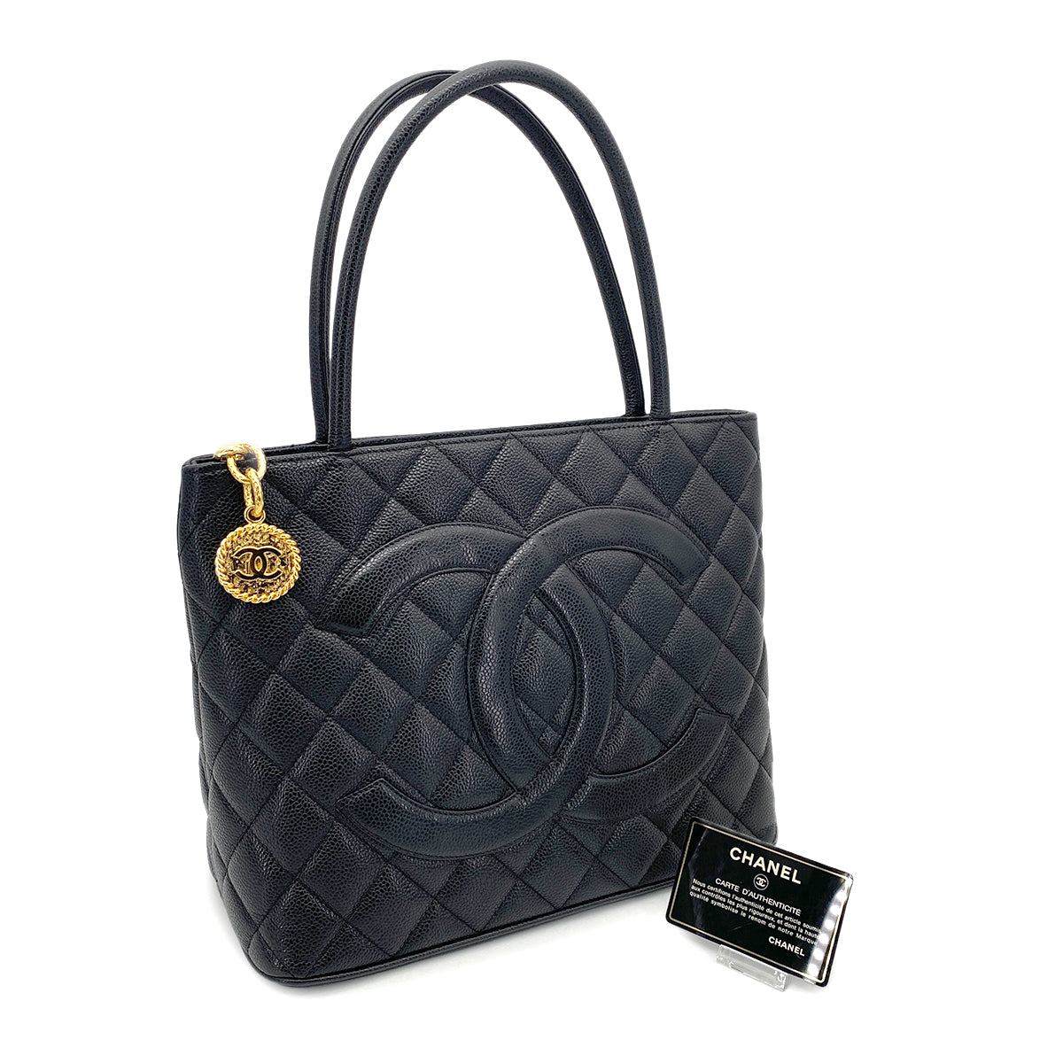CHANEL VINTAGE MEDALLION TOTE BAG BLACK CAVIAR SKIN 90262374