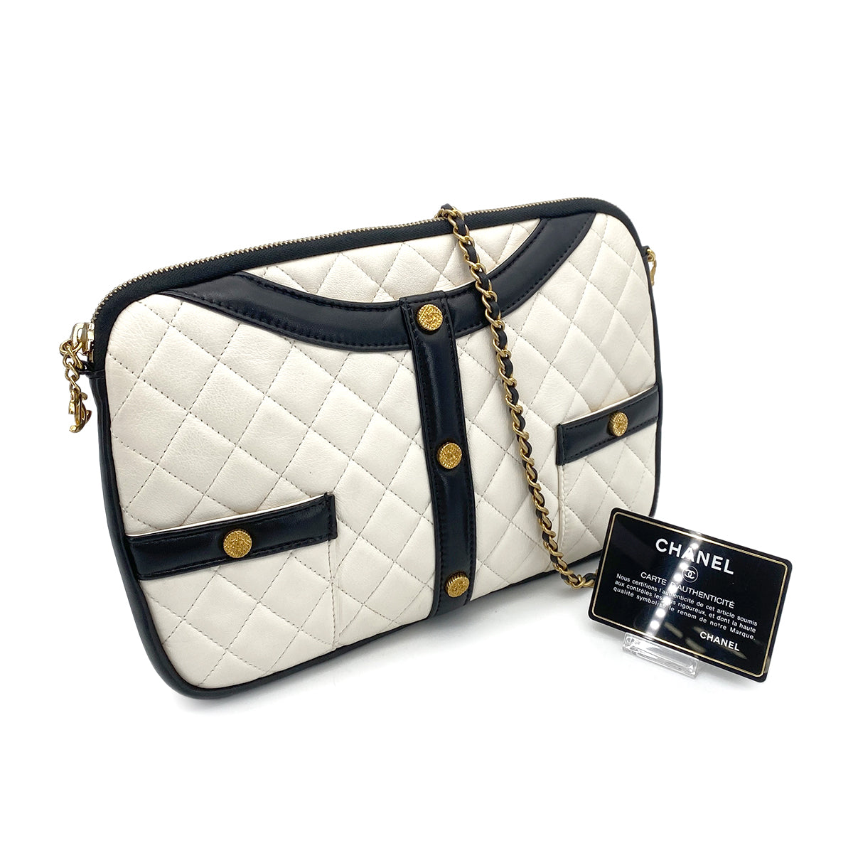 CHANEL GIRL COCOBUTTON CHAIN SHOULDER BAG BYCOLOR WHITE BLACK LAMB SKIN 90262379