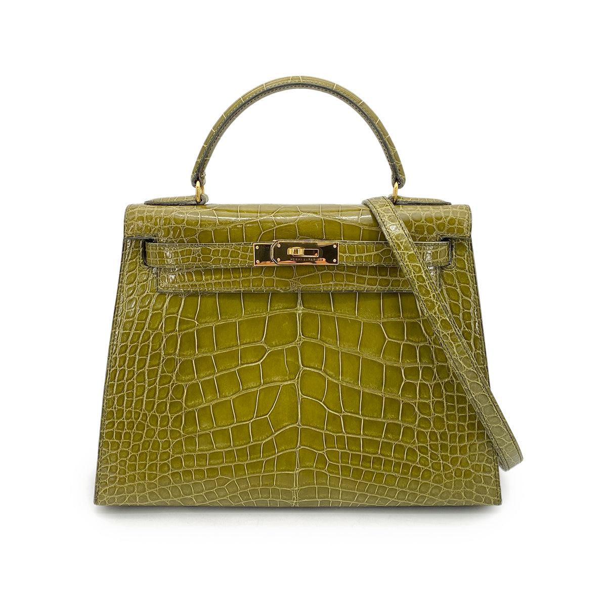 HERMES KELLY 28 SELLIER ANIS GREEN CROCODILE ALLIGATOR HAND SHOULDER BAG 〇X GHW 90262537