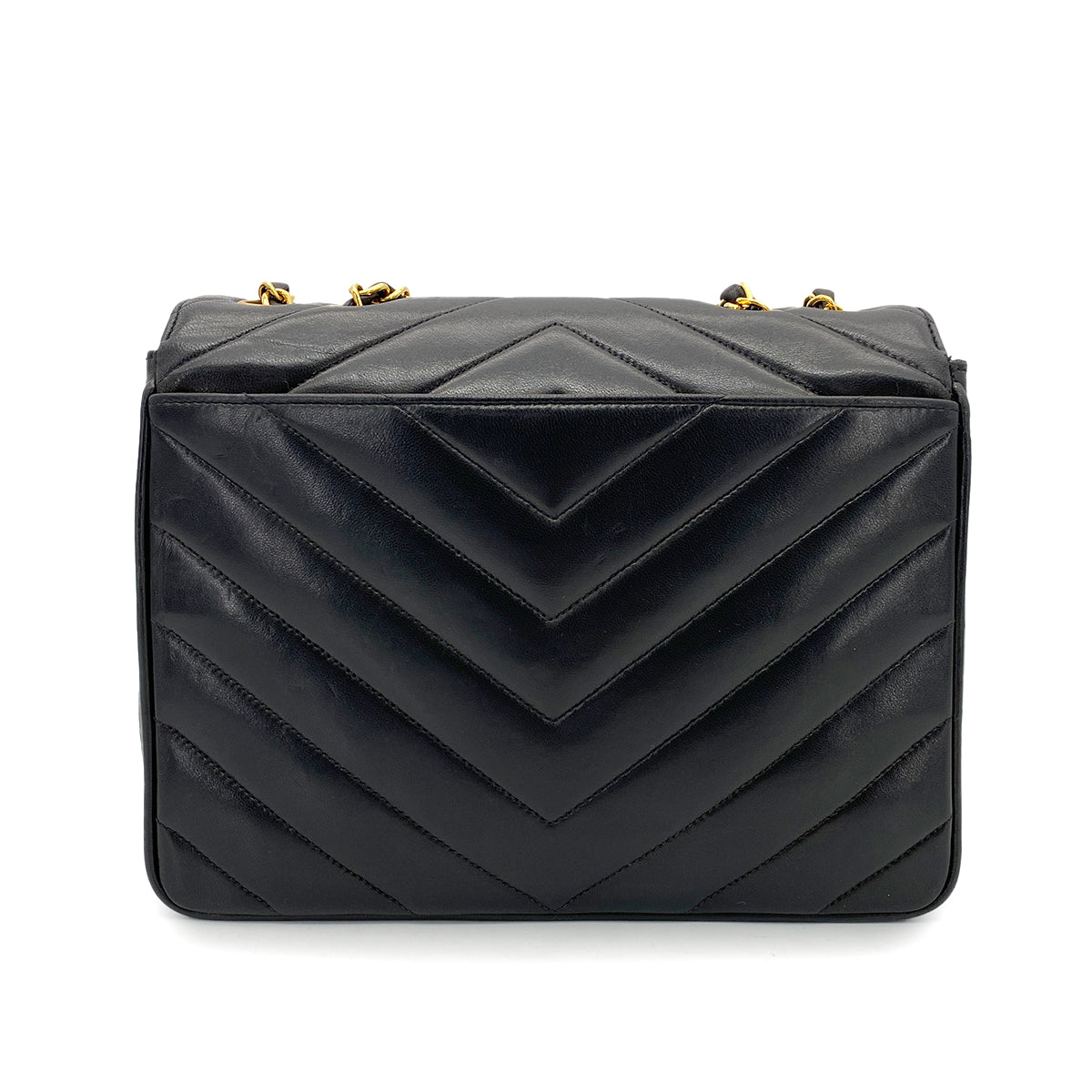 CHANEL VINTAGE CHEVRON CHAIN SHOULDER BAG BLACK LAMB SKIN 90262844