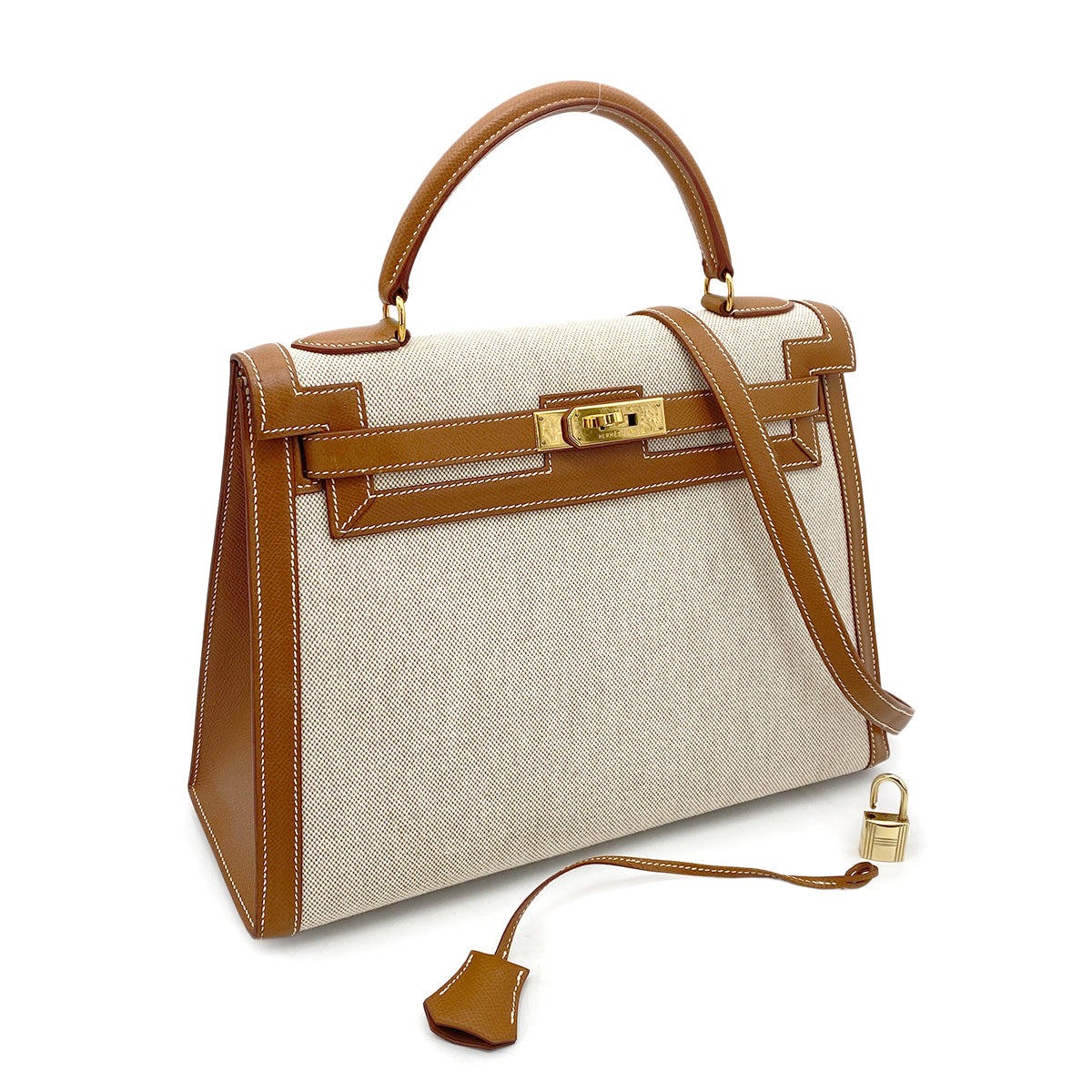 HERMES KELLY 32 GOLD COUCHVEL TOILE H HAND SHOULDER BAG □B GHW 90262851