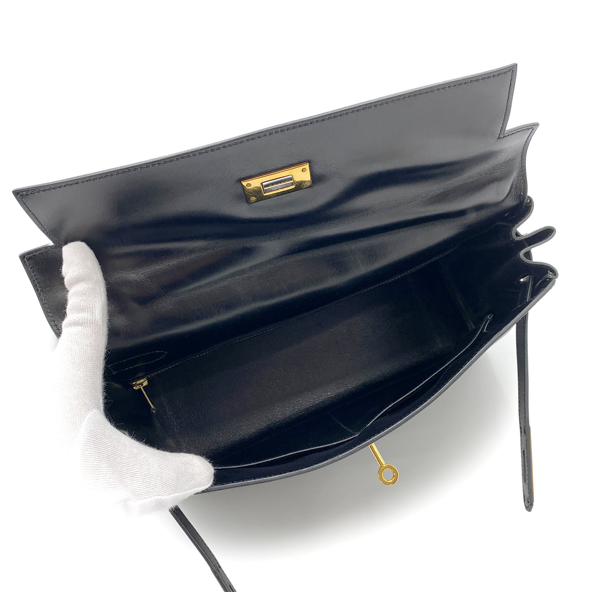 HERMES KELLY 32 RETOURNE BLACK BOX CALF HAND BAG 〇P GHW 90263075