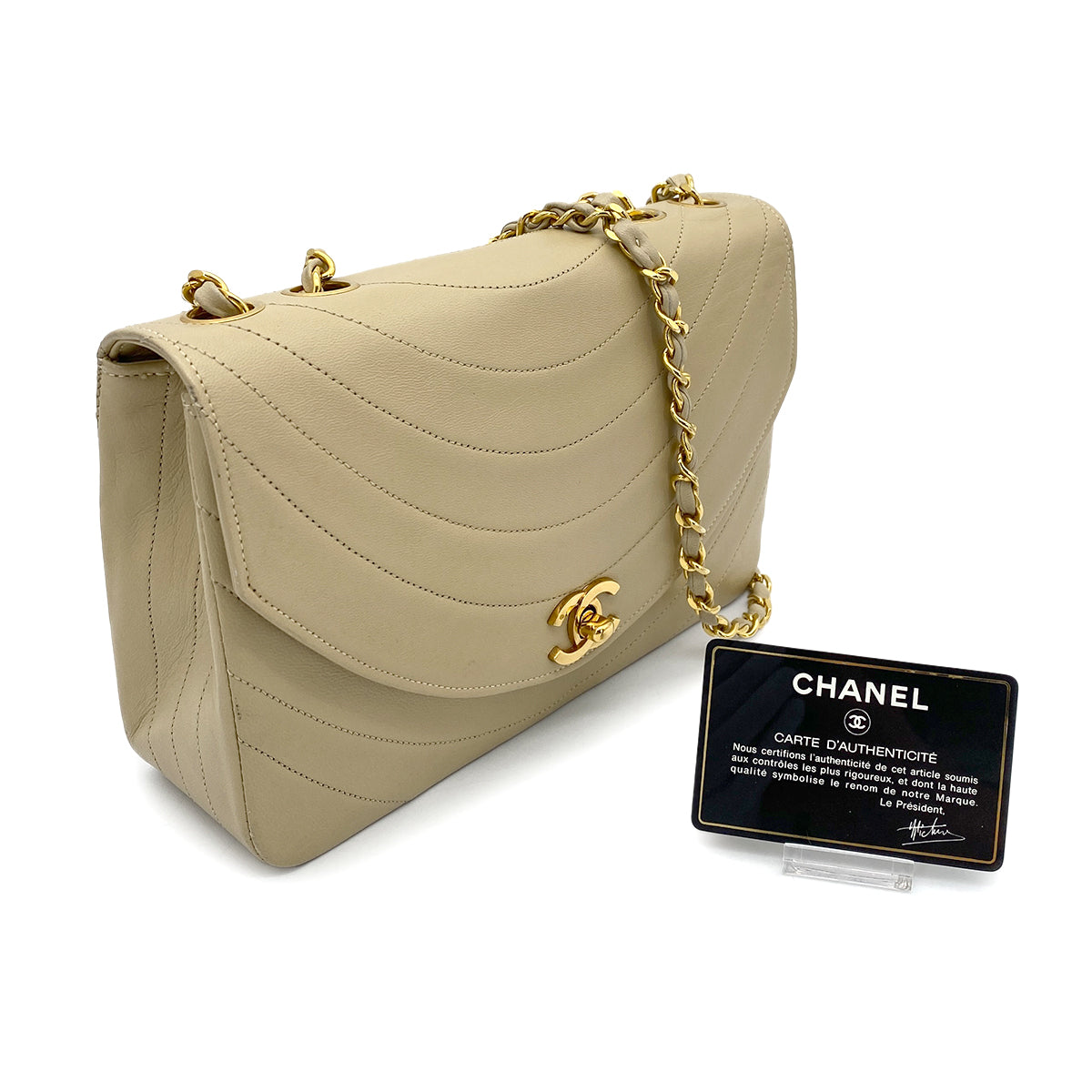 CHANEL VINTAGE HALF MOON CHAIN SHOULDER BAG BEIGE LAMB SKIN 90263077