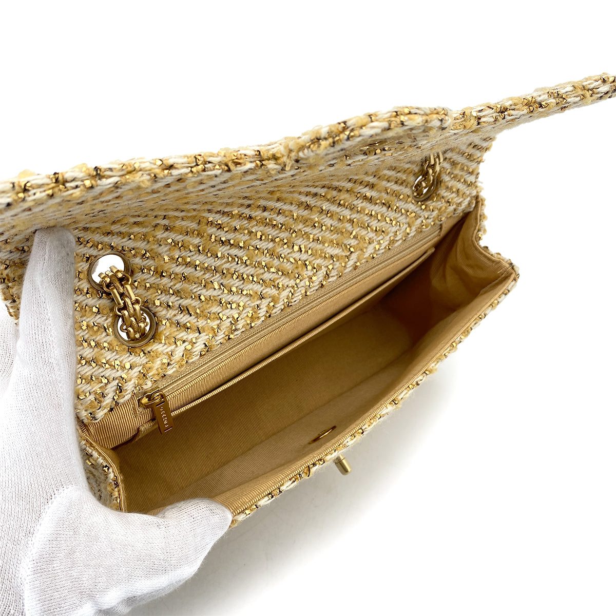 CHANEL VINTAGE CLASSIC FLAP MEDIUM CHAIN SHOULDER BAG BEIGE WHITE TWEED 90263081