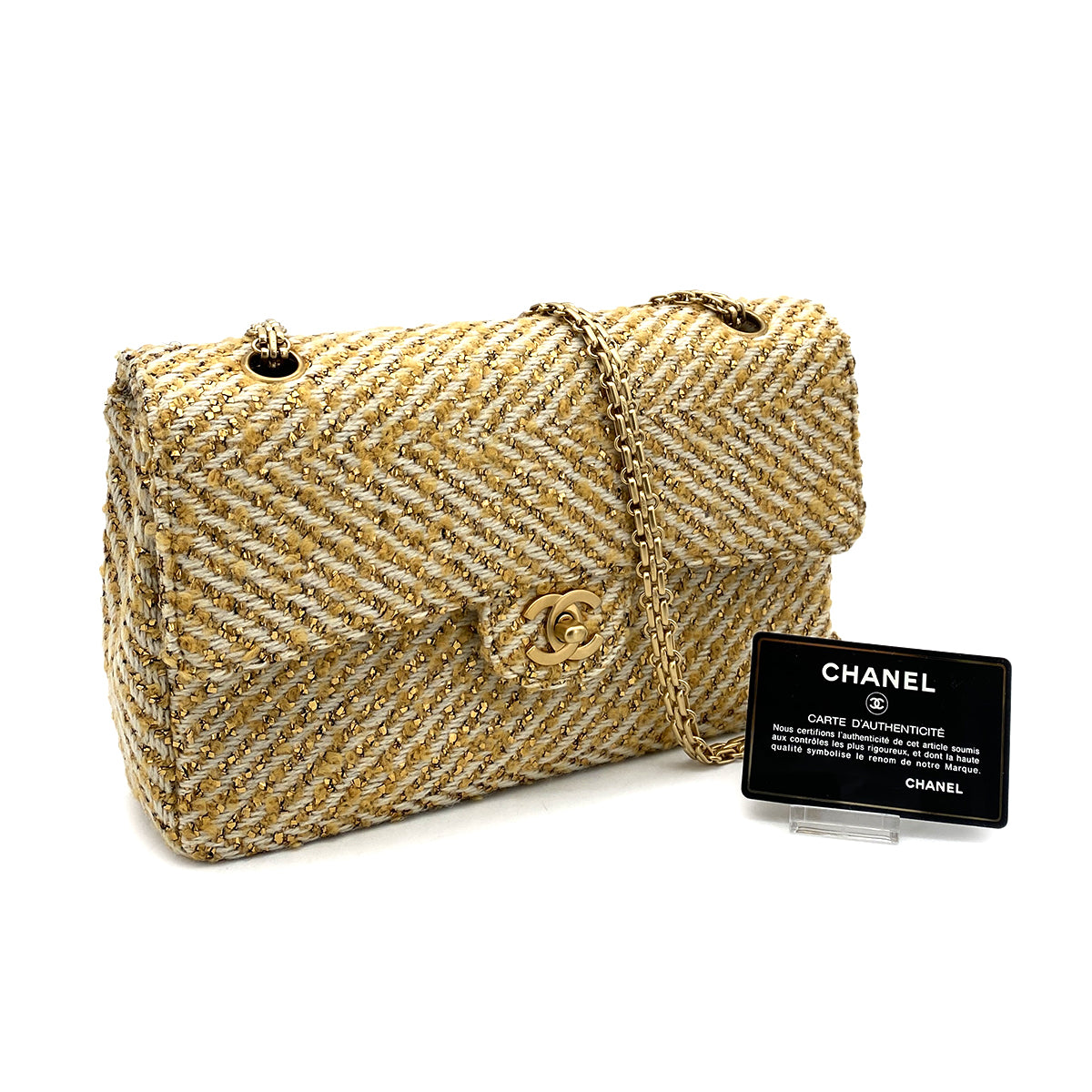 CHANEL VINTAGE CLASSIC FLAP MEDIUM CHAIN SHOULDER BAG BEIGE WHITE TWEED 90263081