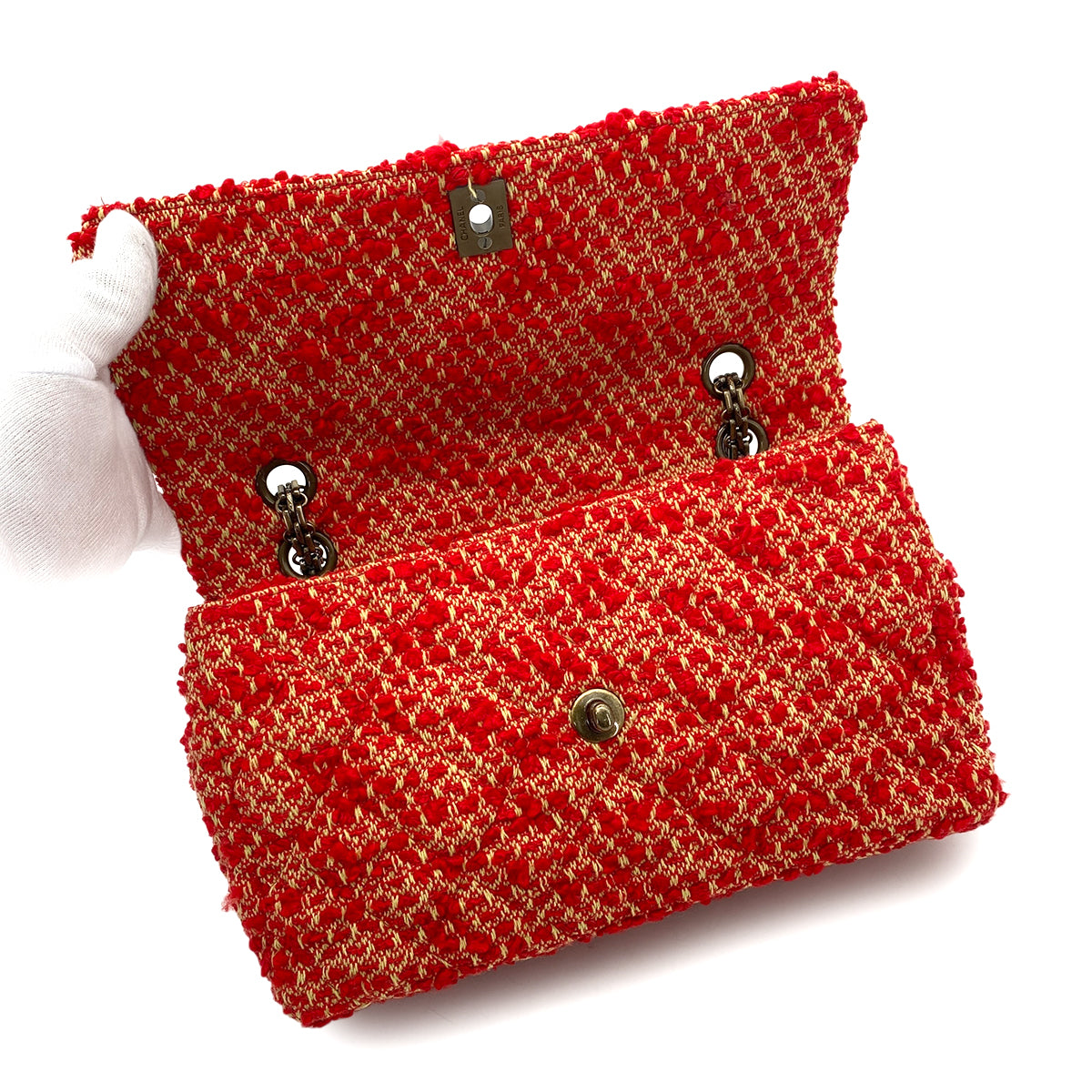 CHANEL VINTAGE CHAIN SHOULDER BAG RED TWEED 90263082